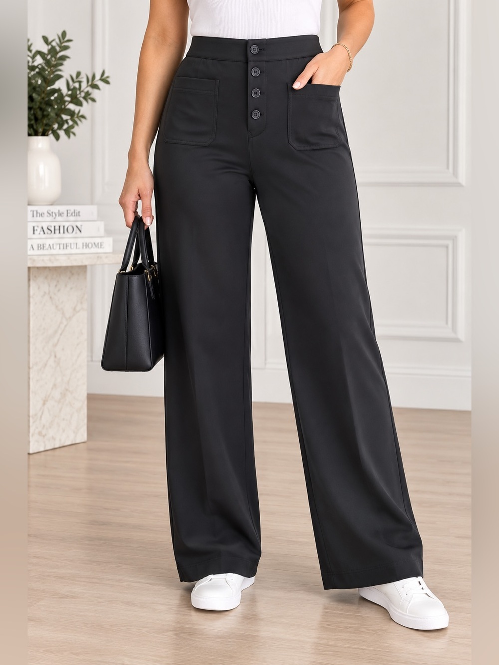 Halara DayStretch Black High Waist Straight Wide Leg Button Pants Size L NWT